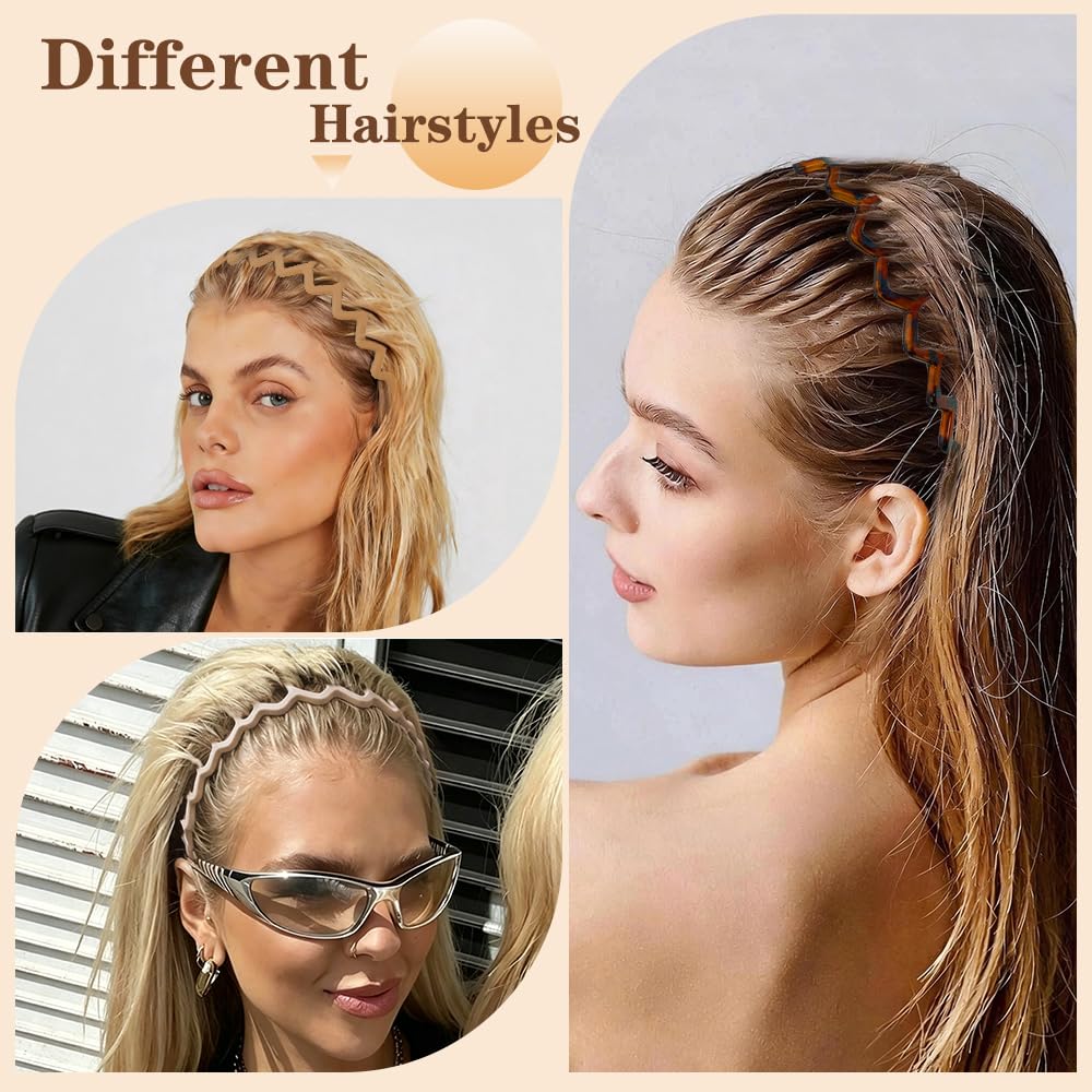 Zig Zag Headbands for Women - Non-Slip Plastic Hair Bands | 90s Retro Style, 6 Pack for Daily Use