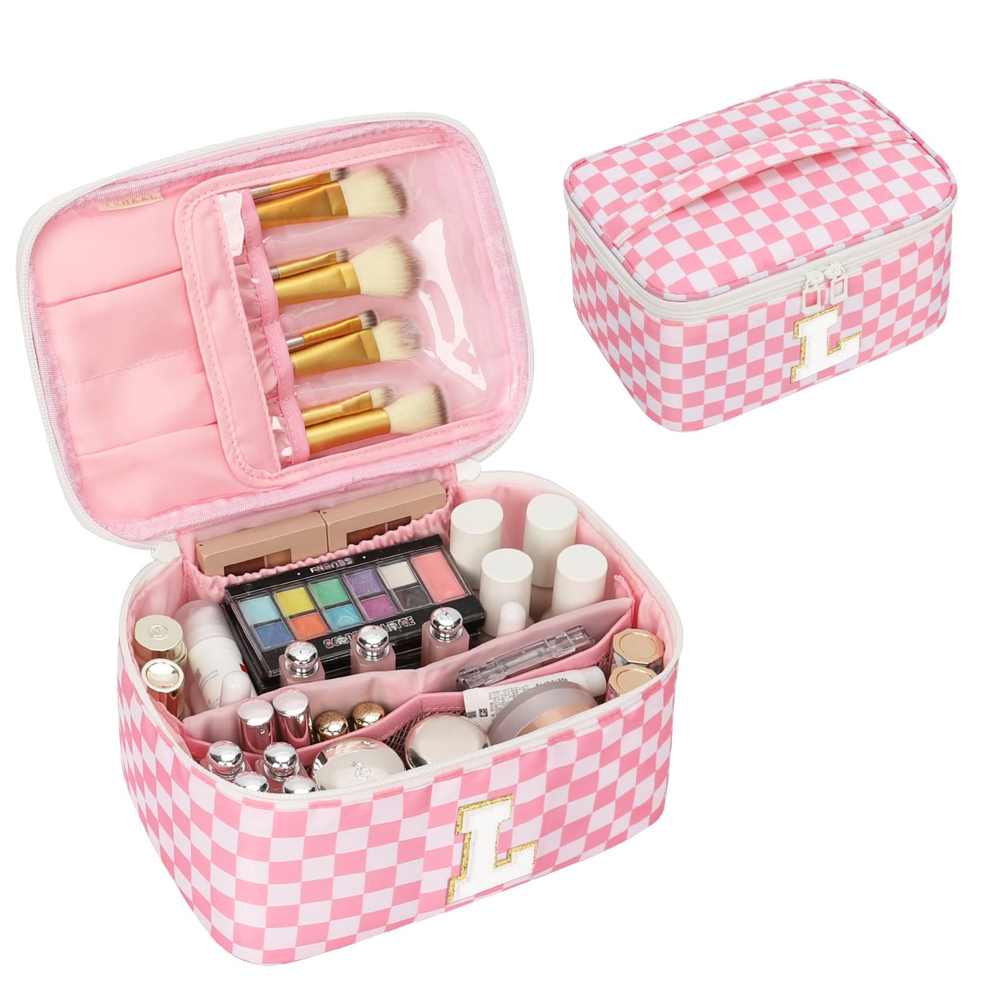 OCHEAL Makeup Bag for Women, Monogram Cosmetic Bag Pink Travel Makeup Case Beauty Toiletry Bag Organizer Personalized Gifts for Girls Bridesmaid, Sister, Wife, Friends Initial L