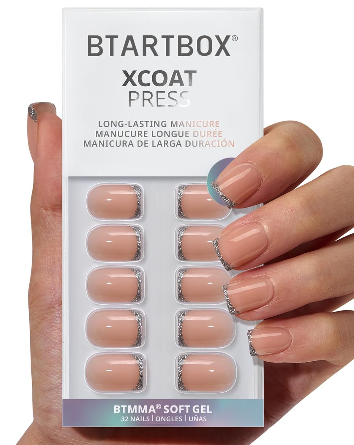 Press On Nails Almond - Gilded Cheer Short Glitter French Tips | 16 Sizes, Lamp-Curable Soft Gel Kit
