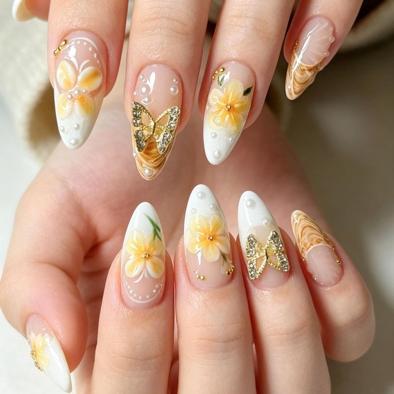 Handmade Press-On Nails - 24Pcs Almond Medium Fake Nails with Pearl Gold Beads & 3D Butterfly Design | Yellow Spring Summer