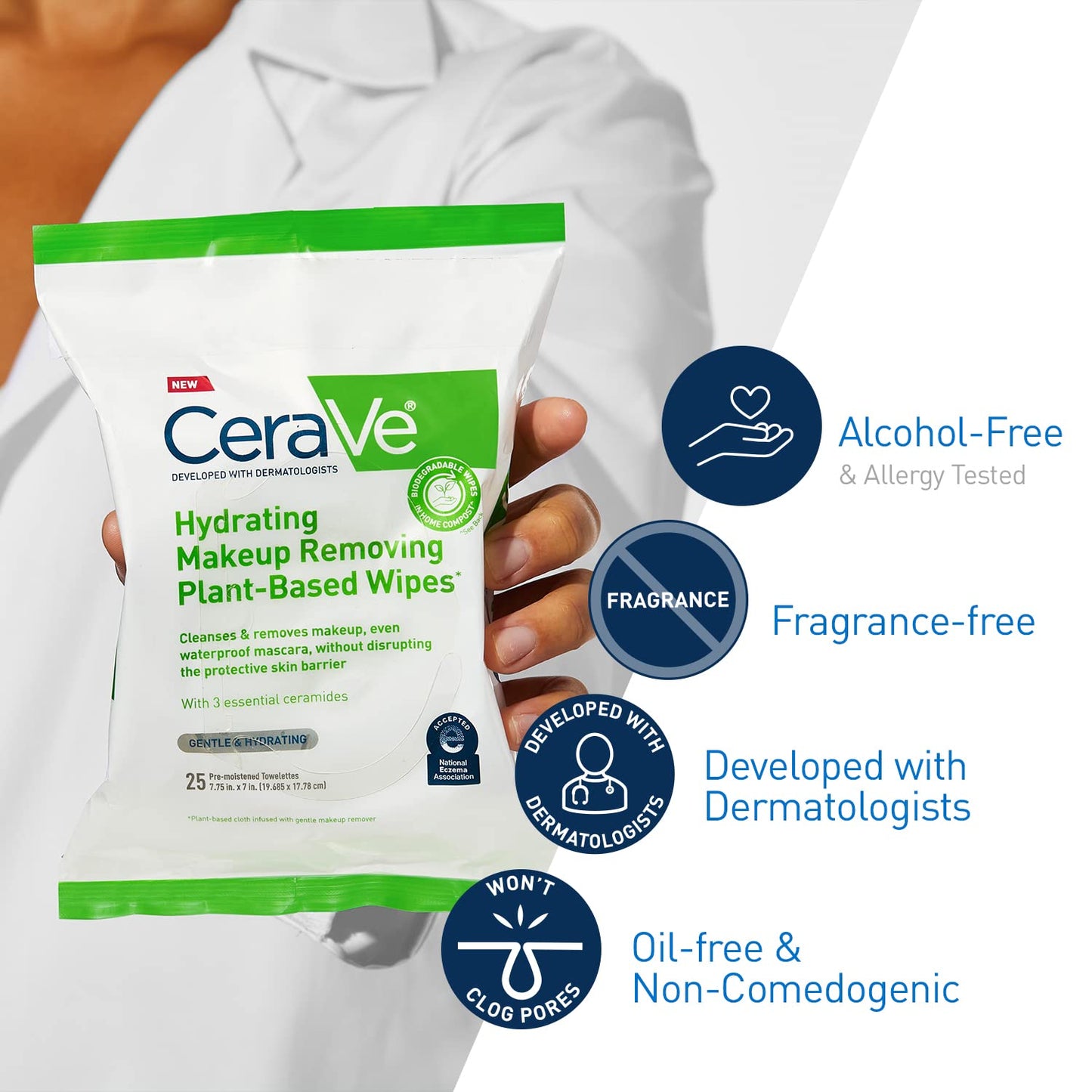 CeraVe Makeup Remover Wipes - Biodegradable Face Wipes for Sensitive Skin | 25ct, Fragrance-Free, Travel Essentials