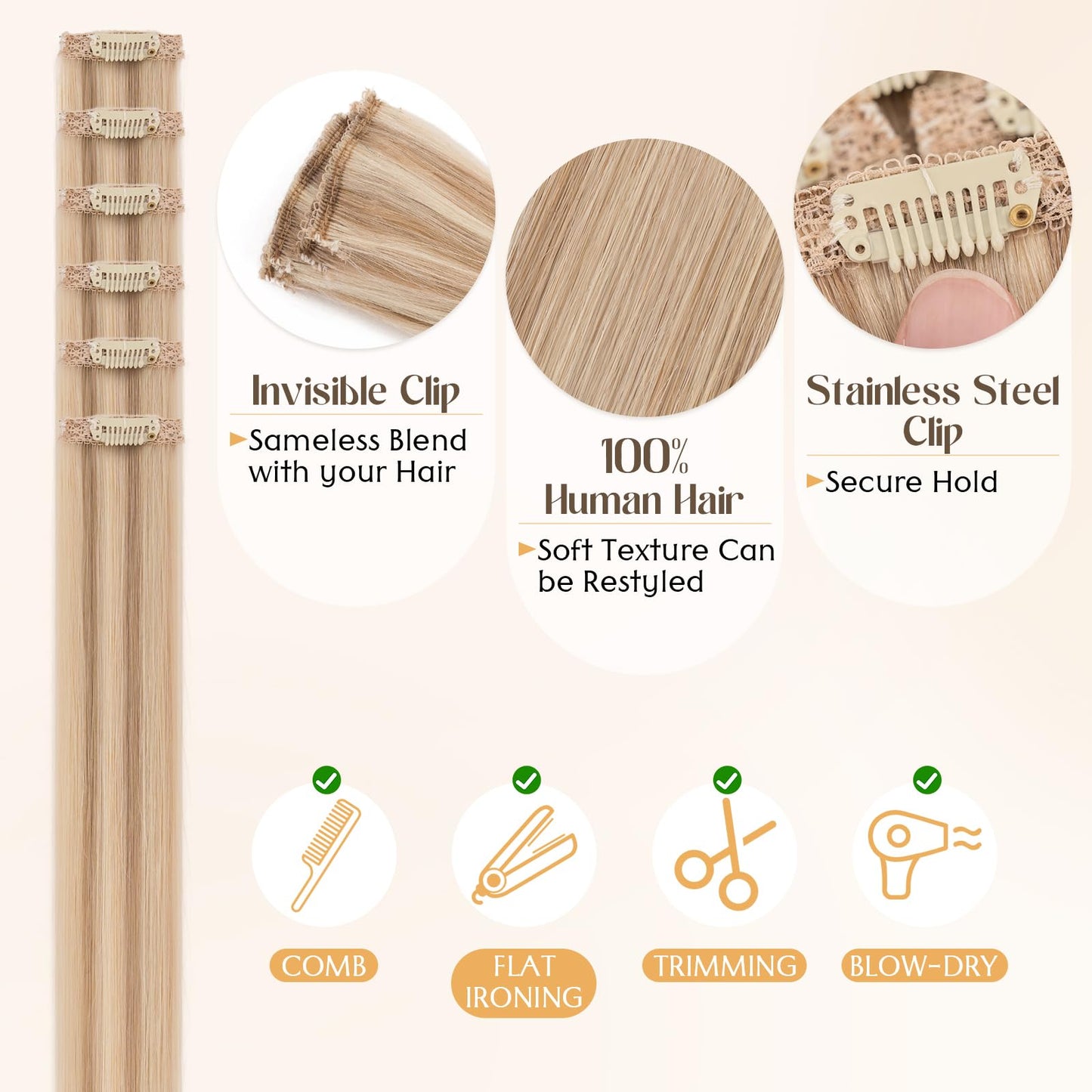 S-noilite 6Pcs Clip in Human Hair Extensions,Remy Single Short Clip in Hair Extensions 6Pcs 6clips Straight Golden Brown/Bleach Blonde Seamless Hairpieces for Women 10Inch 31g