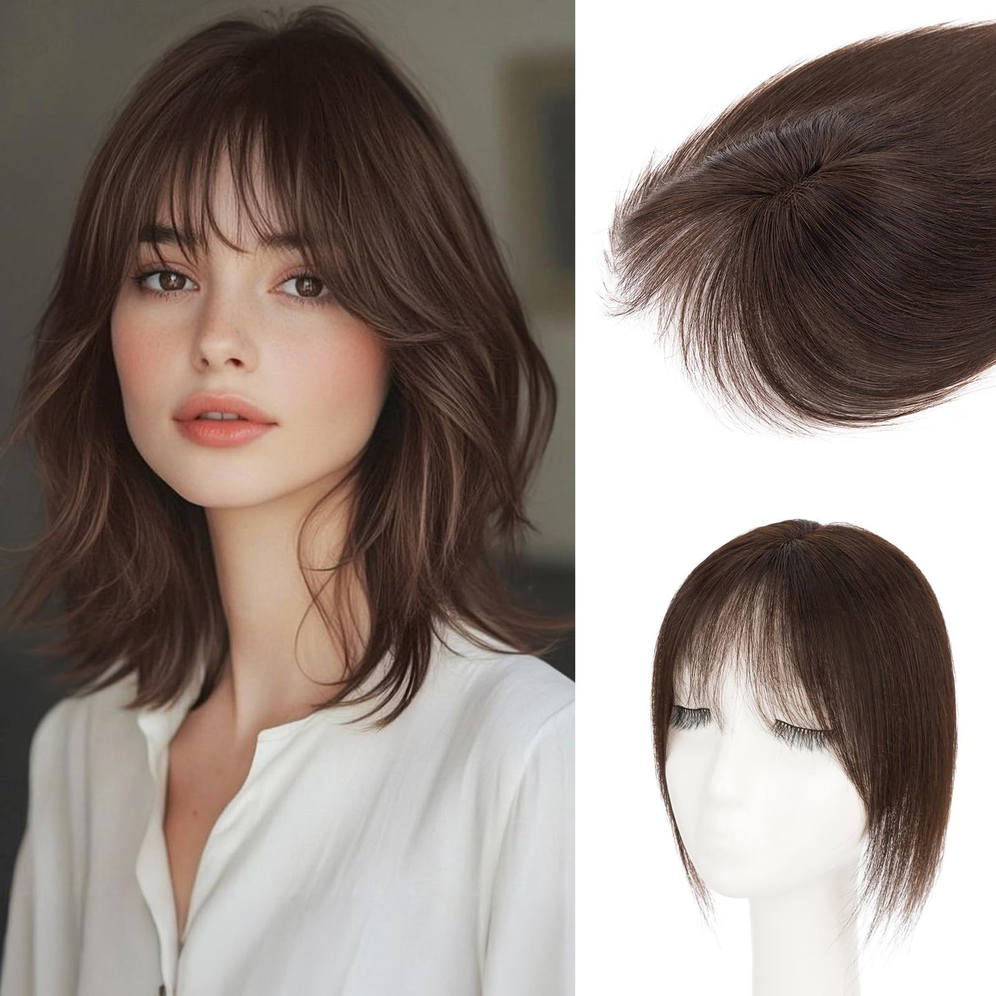 Rich Choices Hair Toppers Real Human Hair for Women 100% Human Remy Toppers With 3D Bang Hair Toppers For Thinning Hair Wispy Air Bang Hairpieces 10 Inch #06 Light Brown