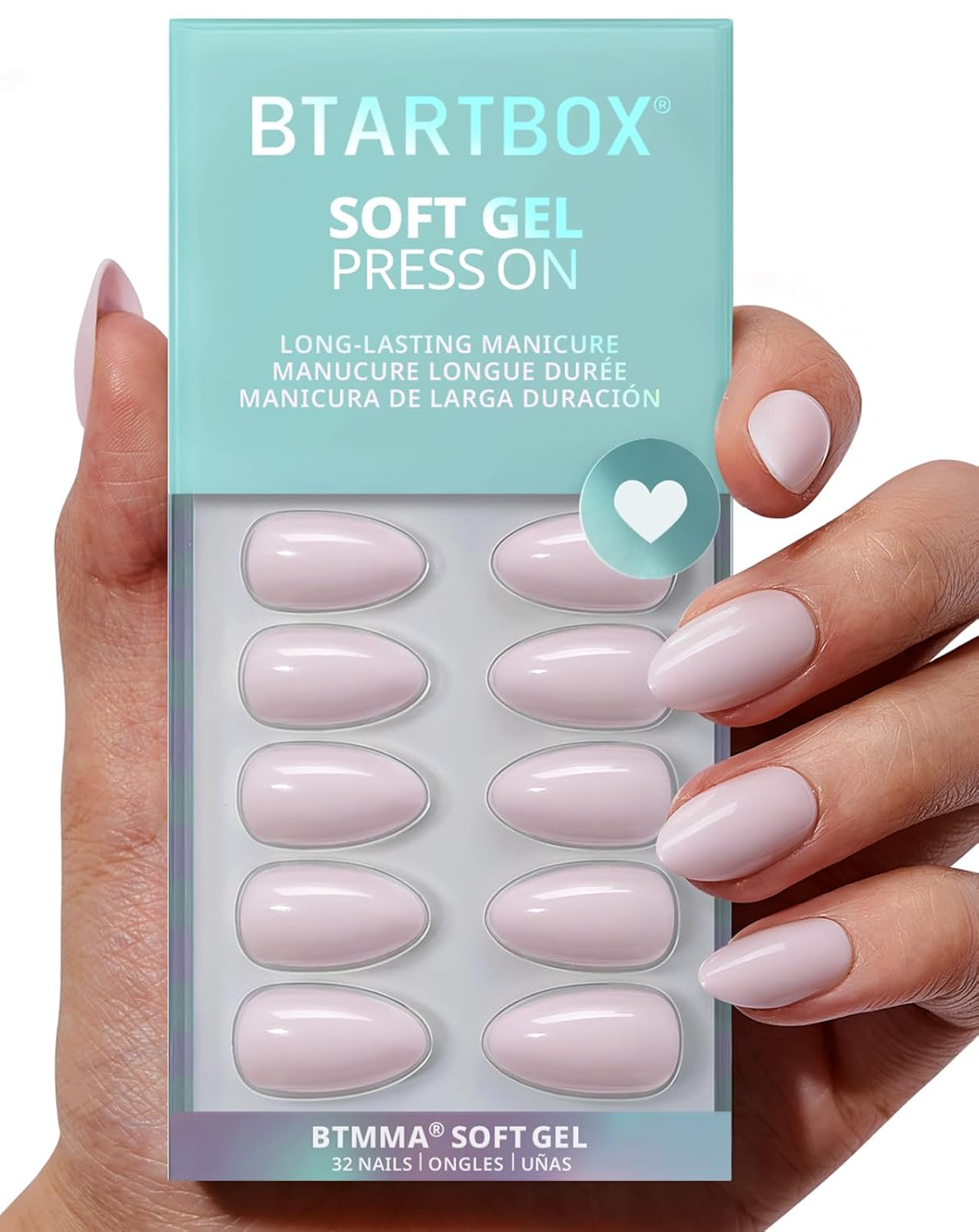 Press On Nails - Almond Shape Pastel Baby Pink Short Nails | Opaque Soft Gel, 32-Piece Kit in 16 Sizes