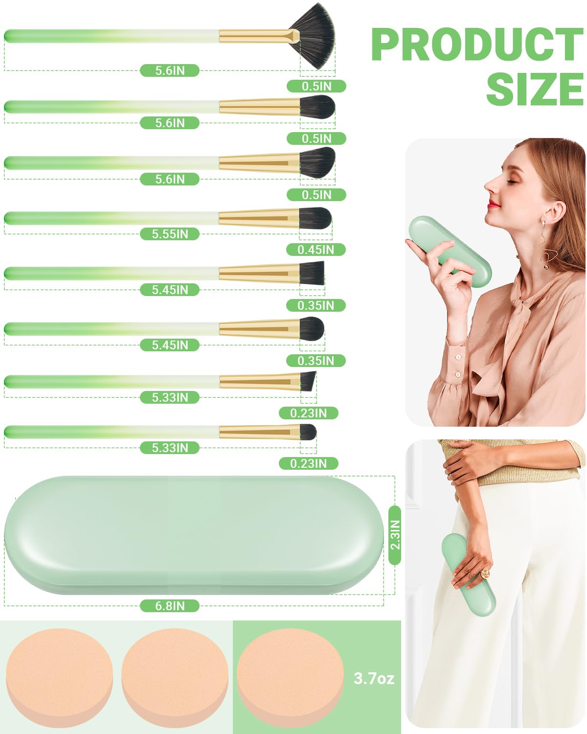Eye Makeup Brush Set, 8 Pcs Update Synthetic Eyeshadow Brush Angled Eyebrow Brush Lip Brush with 3Pcs Powder Puffs and Green Case