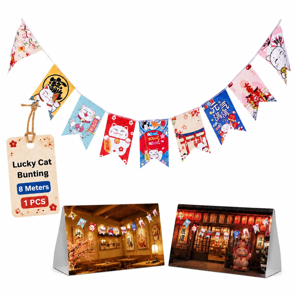 NOLITOY Japanese Lucky Cat Bunting Banner, 26 Feet 20 Flags Maneki Neko Decoration for Japanese Restaurant Decor & Sushi Bar Bunting Flags - Lucky Cat Party Decorations/Izakaya Hanging Ornament