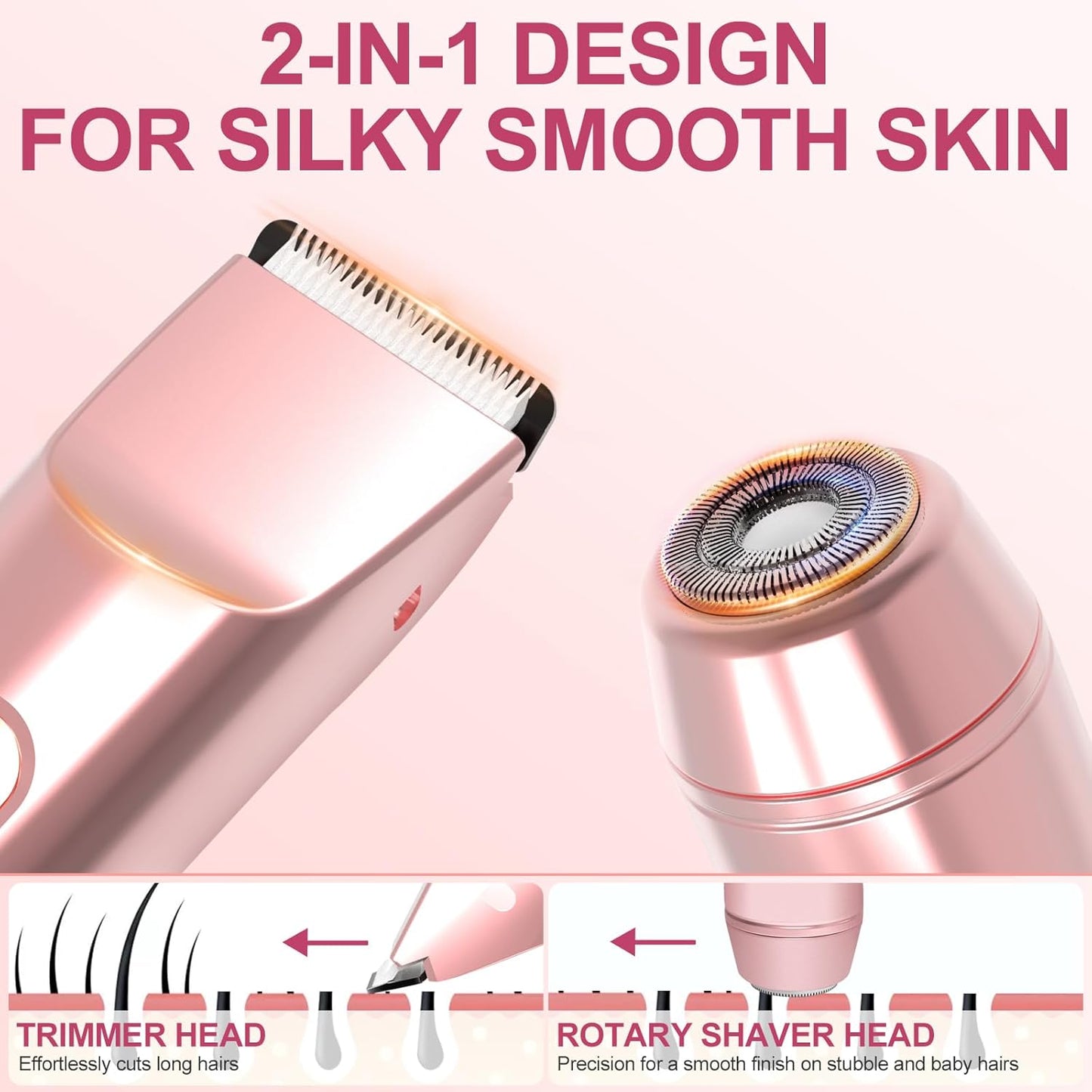 Bikini Trimmer for Women - 2 in 1 Electric Shaver with Dual Head | Waterproof Rechargeable Body & Facial Hair Remover