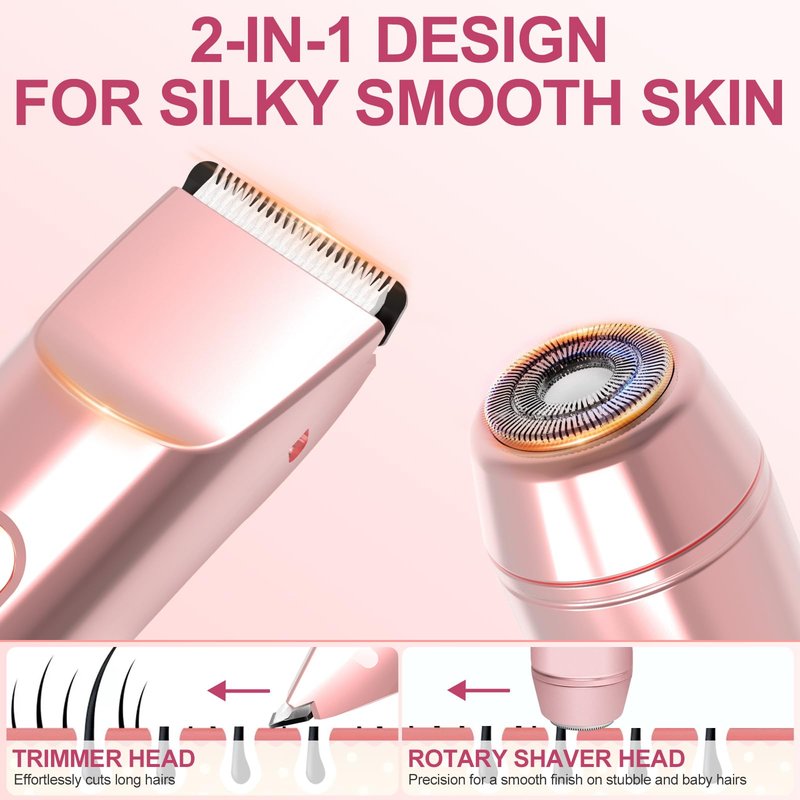2 in 1 Bikini Trimmer for Women – Dual Head Electric Shaver, IPX7 Waterproof Electric Razor for Body Pubic Hair, Rechargeable Body Hair Trimmer and Facial Hair Remover for Bikini Underarm Leg Arm Face