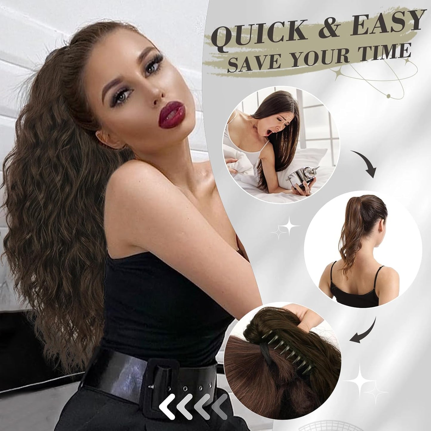 Brown Ponytail Extension - 18 Inch Claw Clip Curly Wavy Hairpiece | Daily Party Use