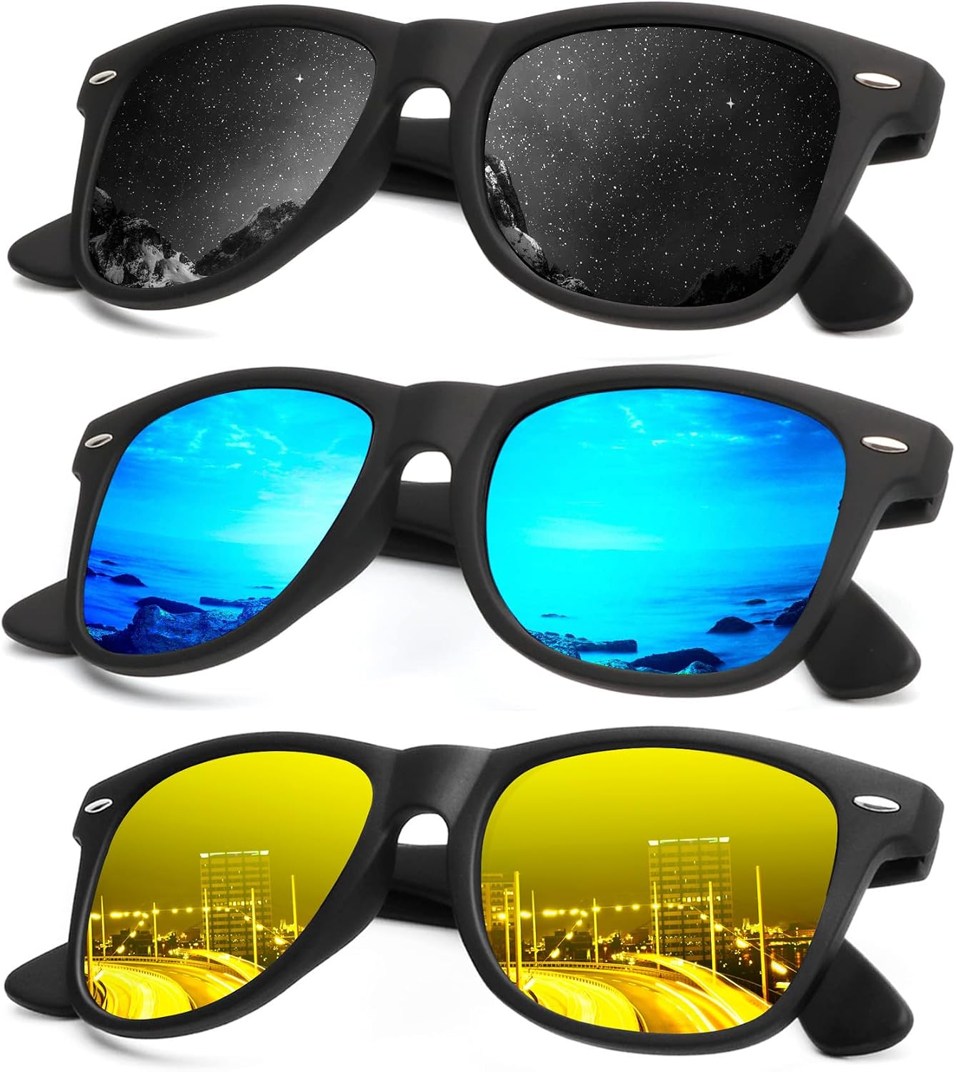 KALIYADI Polarized Sunglasses - Matte Finish, UV Blocking, Color Mirror Lenses | 3-Pack for Men & Women