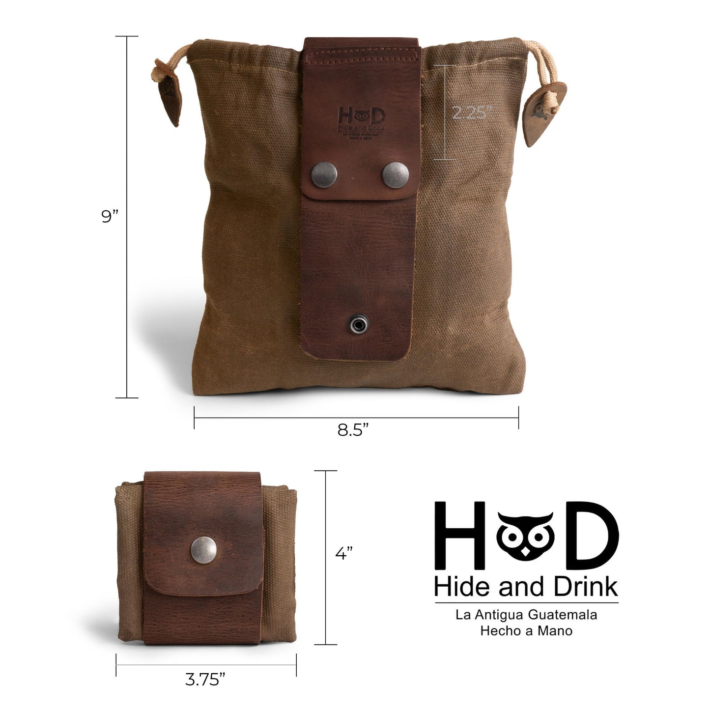 Hide & Drink, Foraging Pouch (Collapsible) for Hiking, Treasures & Seashells Bag, Easy Looping Around Belts, Grocery Storage, Waxed Canvas, Handmade, Fatigue