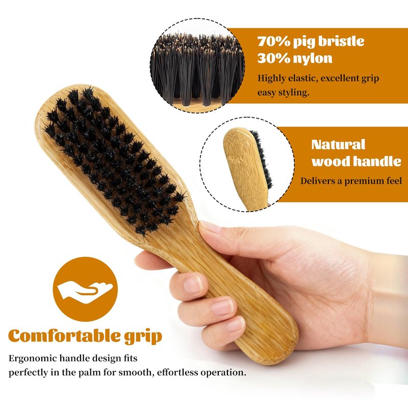 40 Pack Small Boar Bristle Hair Brush Bulk, Bamboo Handle -Slick Back Beard Brush, Hard Bristle Brush for Thick Hair, Curly, Frizz Control,Dual Use for Women & Men, Pet Grooming Cat & Dog
