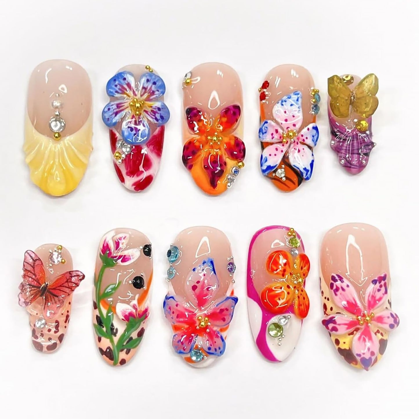 Blue Flower Press-On Nails - Medium Almond French Tip with Bow Design | Glossy Full Cover for DIY Manicure
