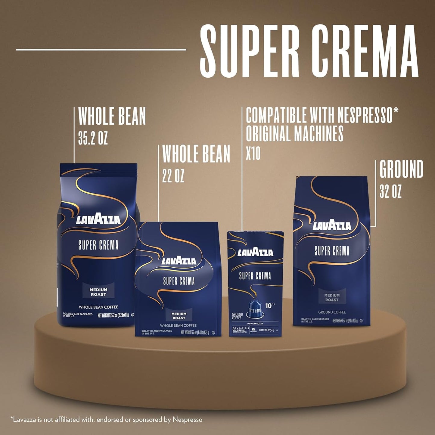 Lavazza Super Crema Whole Bean Coffee - Medium Espresso Roast | Arabica & Robusta Blend, 2.2 lb Bag
