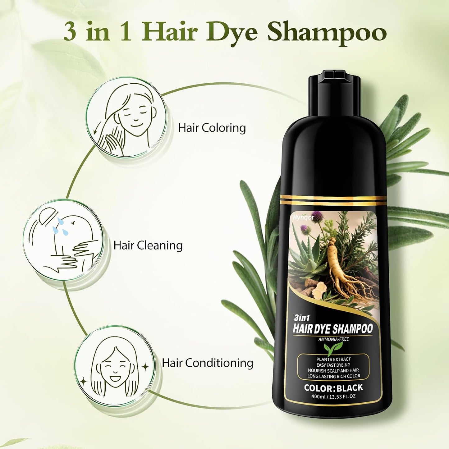 Black Hair Dye Shampoo - 100% Gray Coverage | Natural Herbal Formula for Men & Women