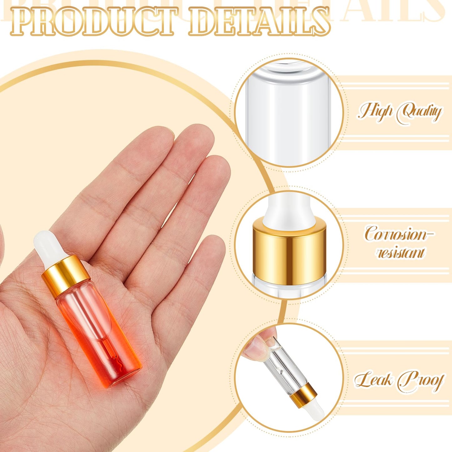 Didaey 12 Pcs 5 ml Mini Glass Oil Dropper Bottle Bulk, Clear Essential Small Empty Bottles Sample Containers Perfume Liquid Vials with Cap for Traveling (Champagne Gold)