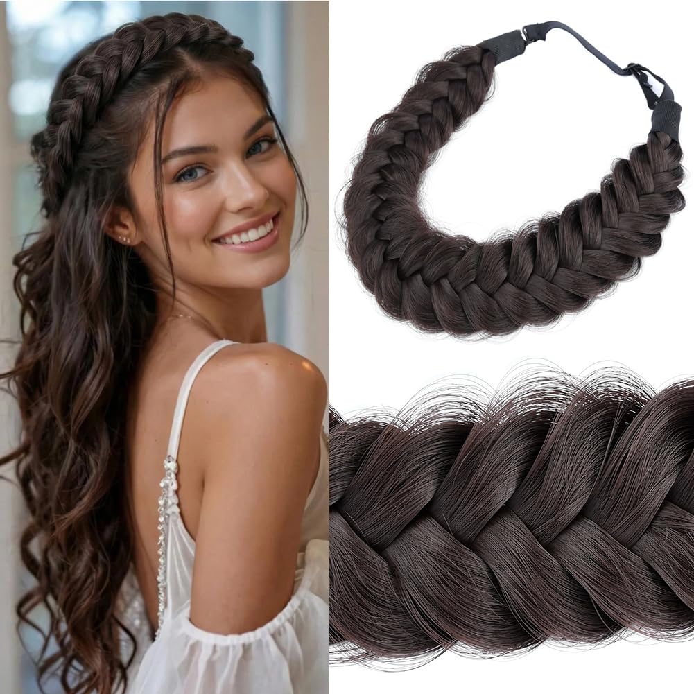 Messy Wide 2-Strand Synthetic Hair Braided Headband - Chocolate Toast | Stylish Hairpiece for Women & Girls