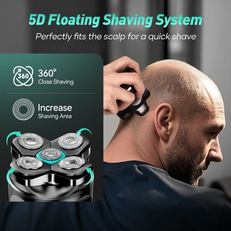 5D Head Shavers for Bald Men - Kensen 2025 Upgraded Large Hair Chamber Bald Head Shavers for Men, Best Head Razors for Bald Mens Waterproof USB-C Cordless 160min for Home Office Travel