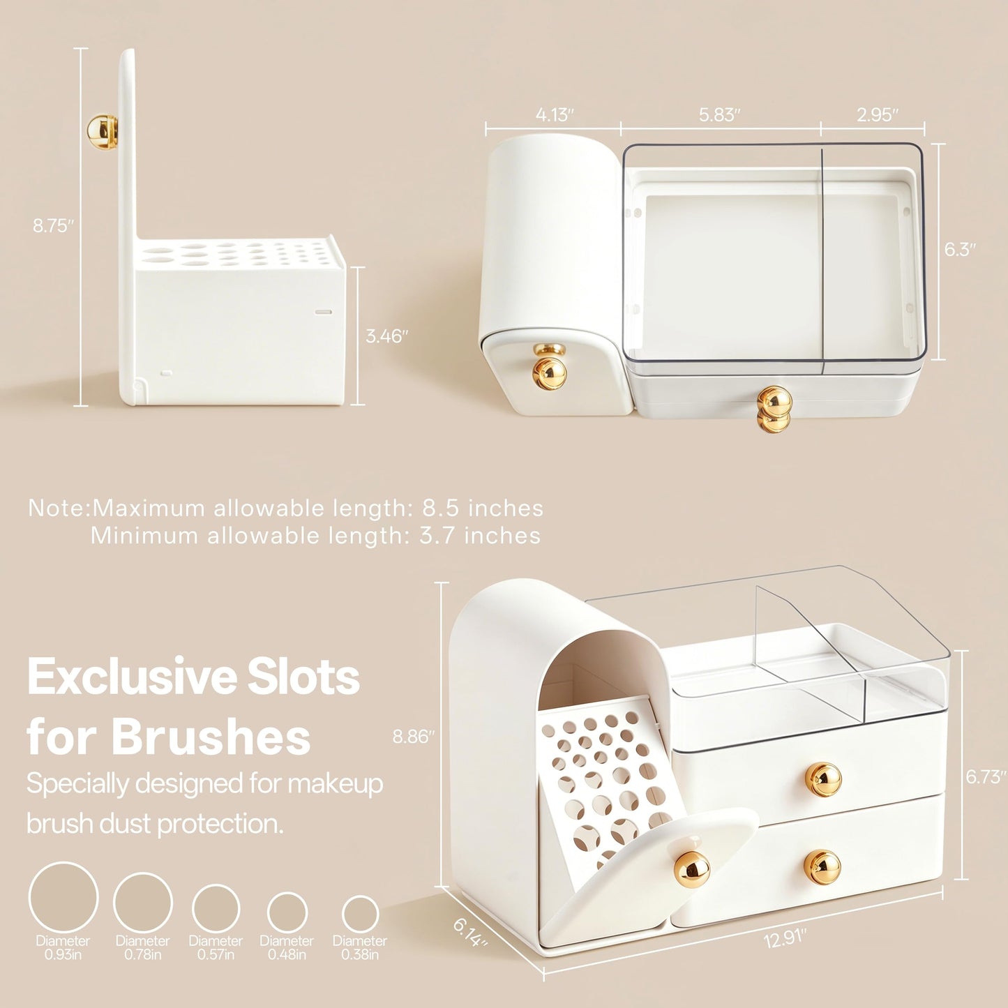 HBlife Makeup Organizer Countertop with Drawers, Vanity Organizers with Brush Holder, Bathroom Counter Organizer for Perfume, Nail Polishes, Lipsticks, Skincare and Eyeshadow Palettes, White and Gold
