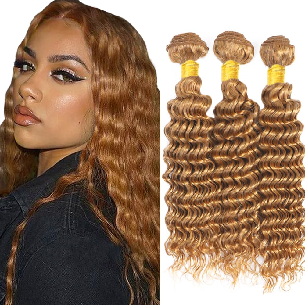 Honey Blonde Bundles Color 27 Deep Wave Bundle 22 24 26 Inch Unprocessed Virgin Hair Blonde Bundle Human Hair 3 Bundles Hair Weave 300g