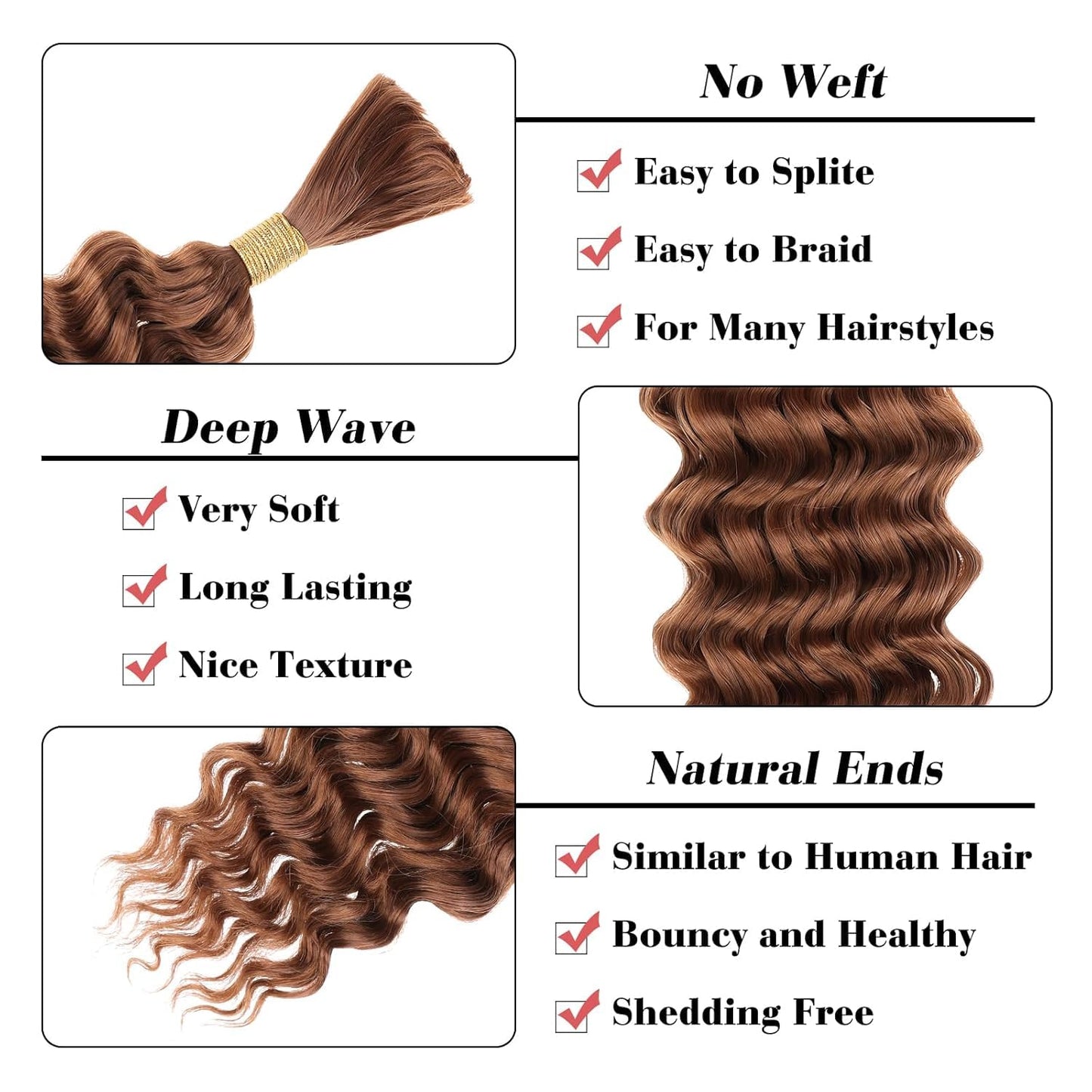 #30 Boho Human Hair for Braiding Light Brown Deep Wave Boho Braids Human Braiding Hair 16 16 Inch 100g No Weft Deep Curly 2 Bundles for Knotless Braids