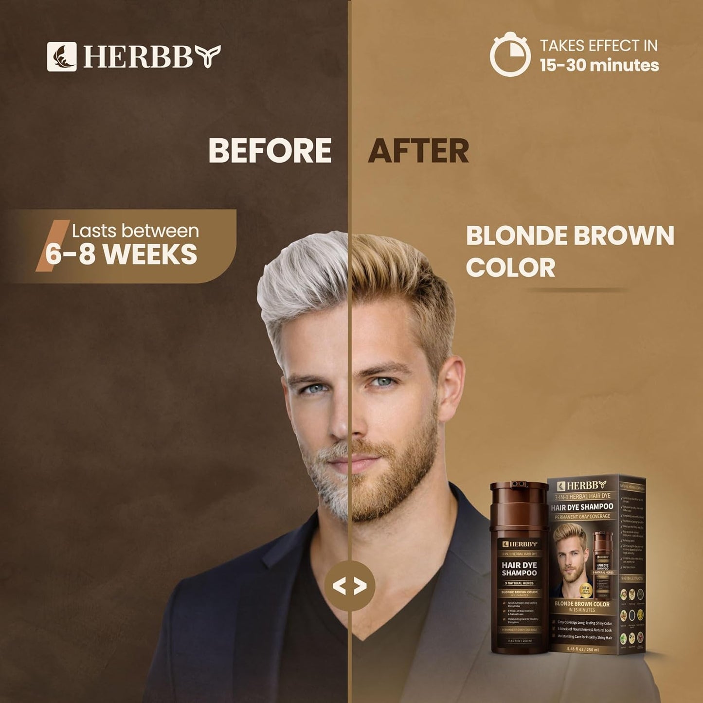 HERBBY Hair Color Shampoo for Gray Coverage | 9 Herbal Extracts for Shiny, Even Color - 250 ml (Blonde Brown)