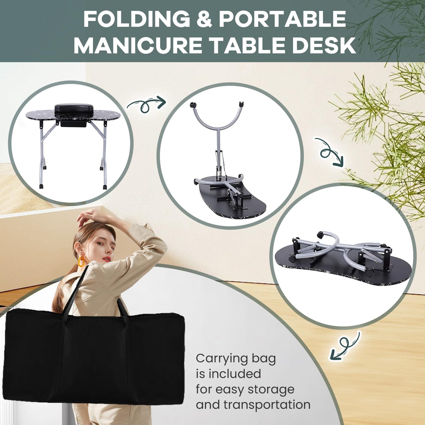 WELLHUT Nail Table Portable Manicure Tables with Carrying Bag, Salon Station Foldable Nail Desk with Large Drawer, Wrist Rest, Lockable Wheels for Home Spa Beauty Salon Mobile Nail Tech
