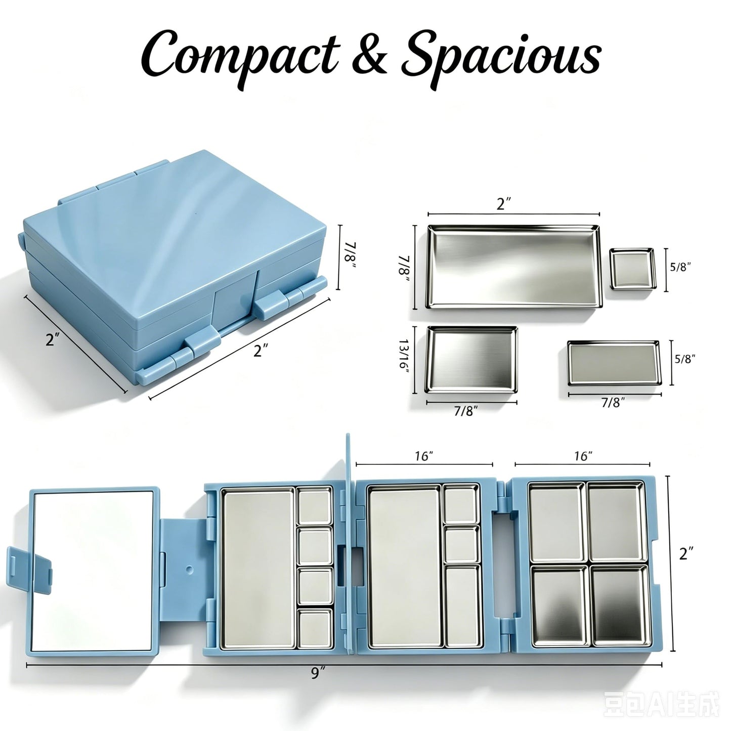 Empty Magnetic Makeup Palette Baby Blue - 3-Layer Foldable Travel Makeup Palette with Dividers & 13 Metal Pans, Magnetic Pallets for Makeup, 20% Larger, Baby Blue, 1 Pack