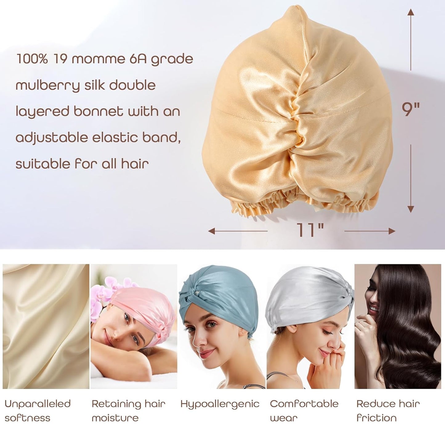 Mulberry Silk Sleep Bonnet - Double Layer Turban for Night Hair Care | Adjustable Band, 9 Colors Available