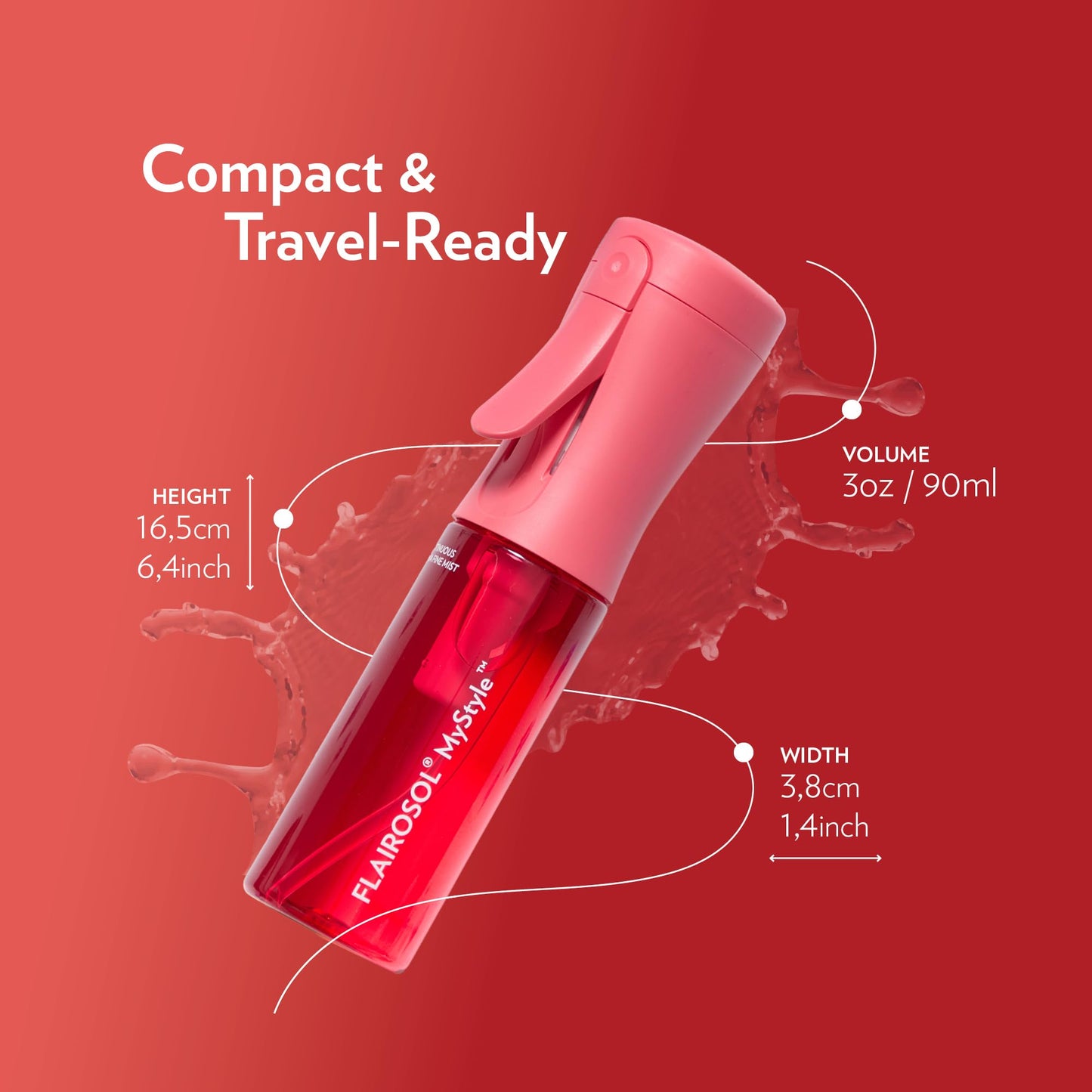 FLAIROSOL MyStyle Travel Continuous Spray Bottle, 3.04oz/90ml, Pink