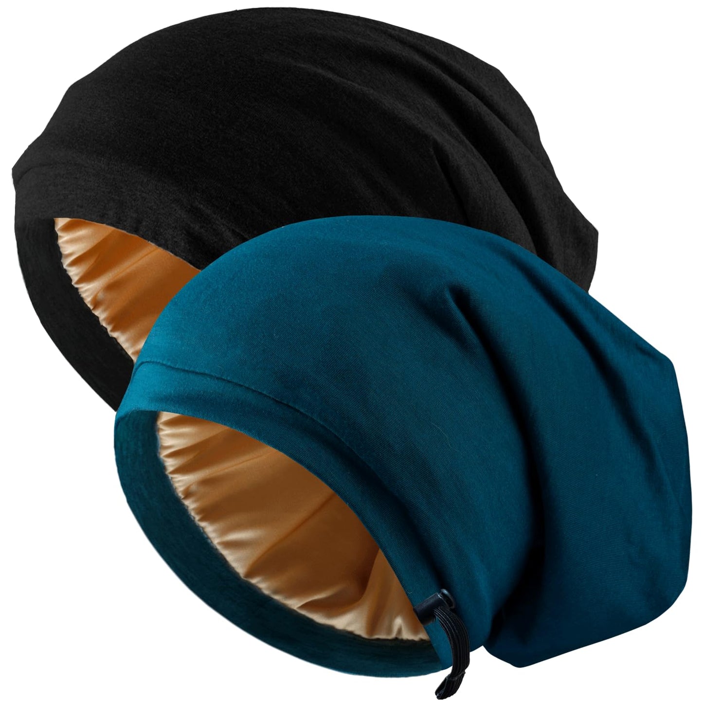 NICPOO Silk Satin Bonnet Hair Wrap for Sleeping, 2 Pcs Adjustable Silk Bonnets for Women Men Sleep Cap Silk Lined Slouchy with Adjustable Strap Curly Hair Head Scarf Night Caps（Black & Green）