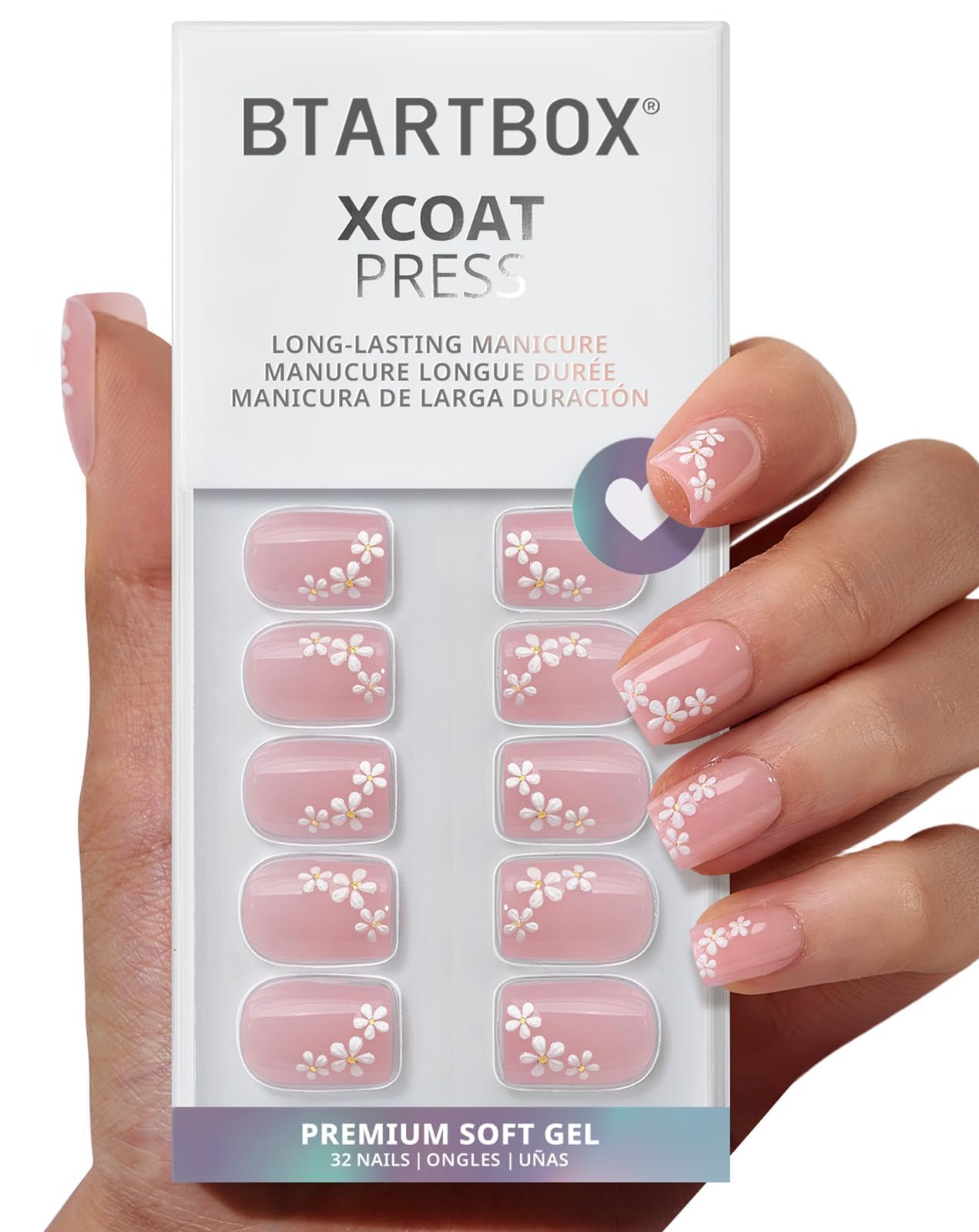 BTArtbox Press On Nails, Wrist Corsage, Short Square, 3D Pink Flower, 32Ct