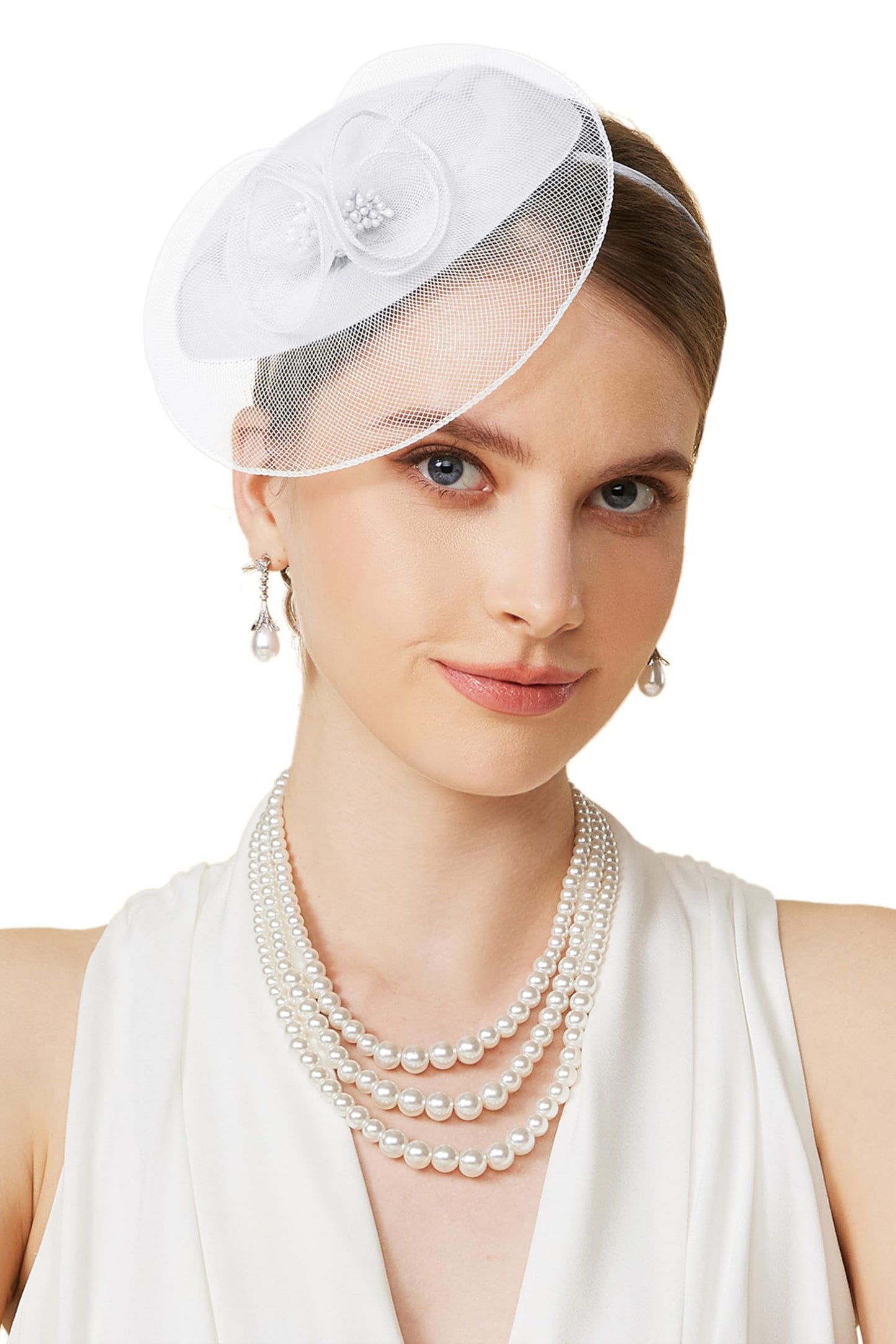 BABEYOND Fascinators Hats for Women - Tea Party Hat Kentucky Fascinator Derby Flower Mesh Pillbox Hat for Bridal Wedding White