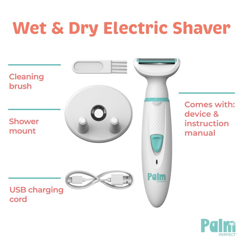 PalmPerfect Rechargeable Shaver for Women – Waterproof Electric Razor with Built-in LED Light – Includes Space-Saving Shower Wall Mount and USB Charging Cable – Safe for All Body Parts