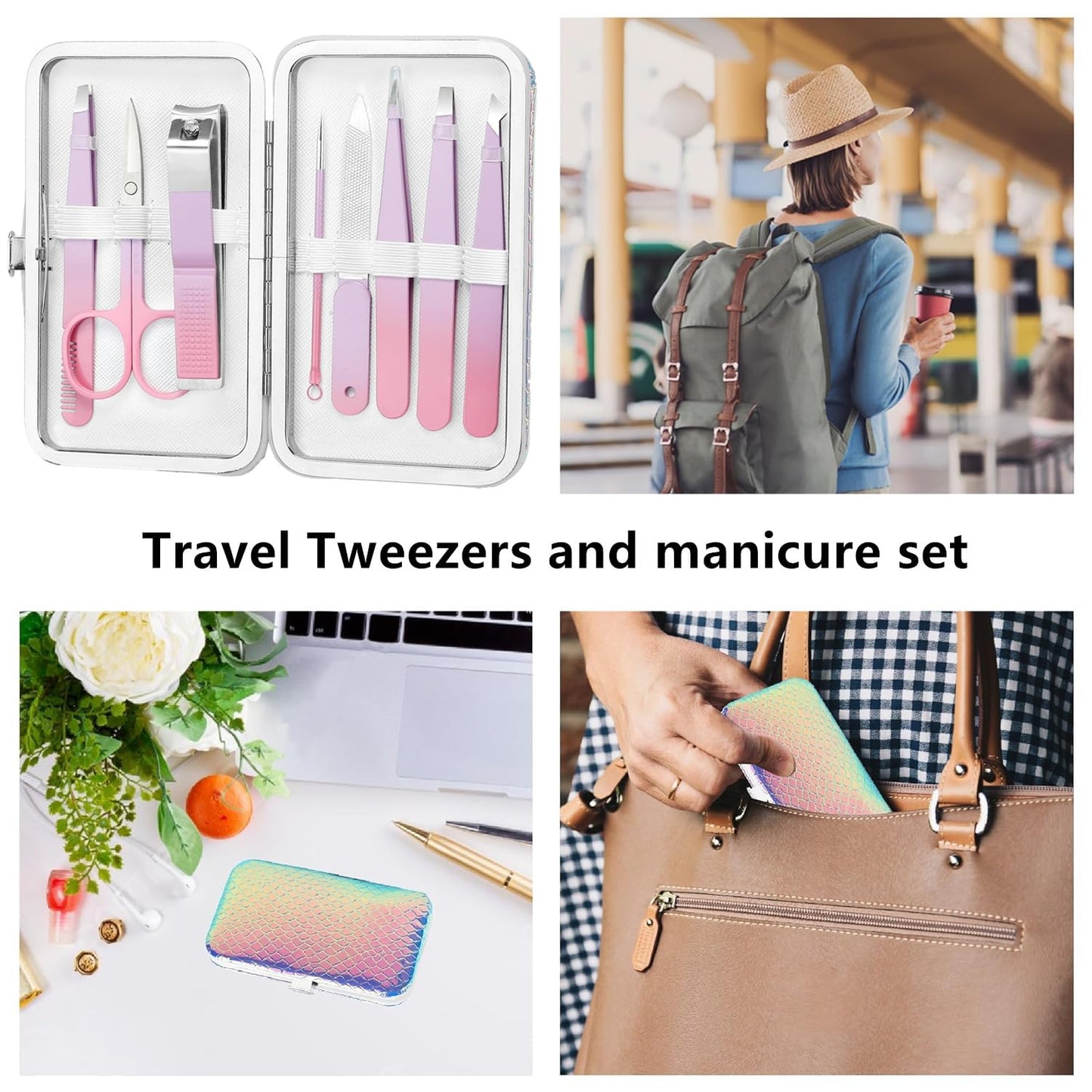 Tweezer Set, Precision Tweezers Kit for Eyebrow Facial Hair Splinter and Ingrown Hair,Travel Tweezers and Nail Clipper Set with Nail Clippers Scissor Maniucre Nail Grooming Kit Gift for Women