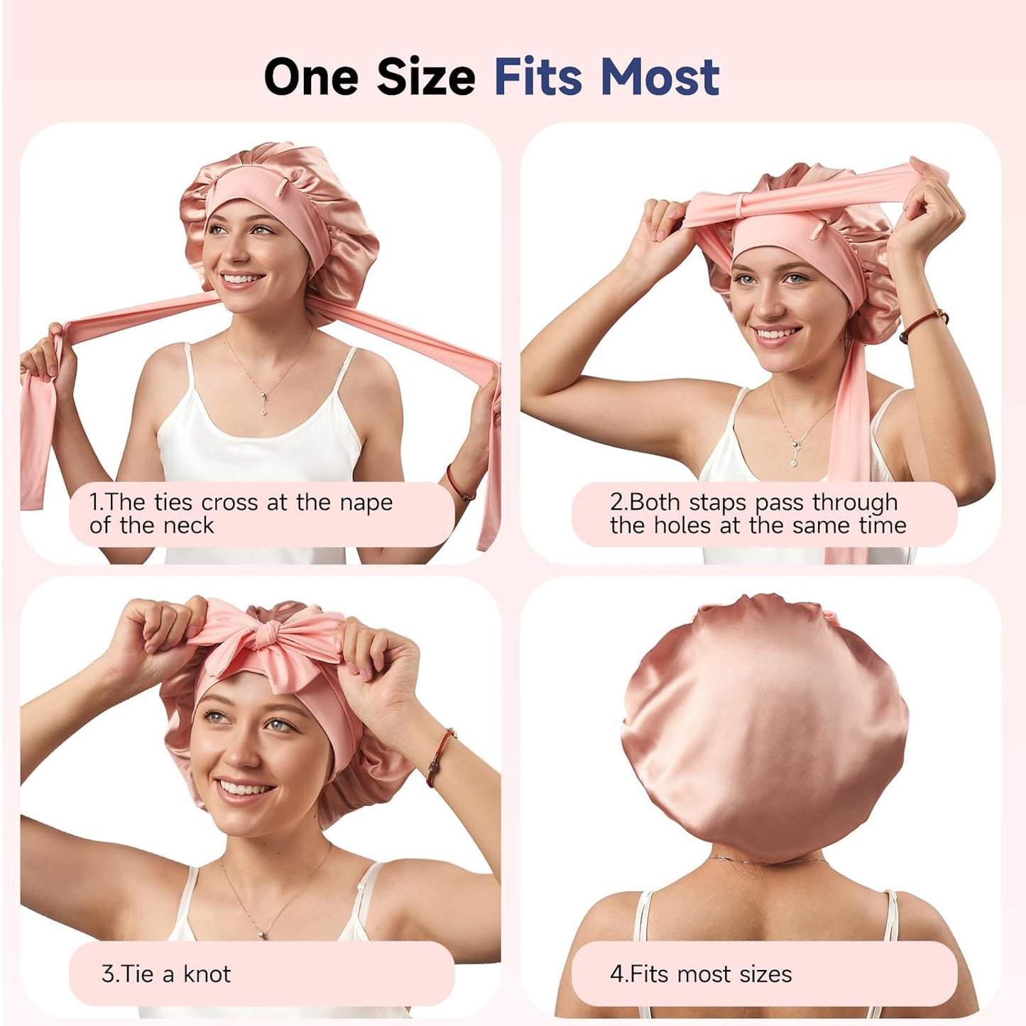 Silk Bonnet for Sleeping - Real Mulberry Silk Hair Care Cap | Double Layer, Large Size, Blush Pink