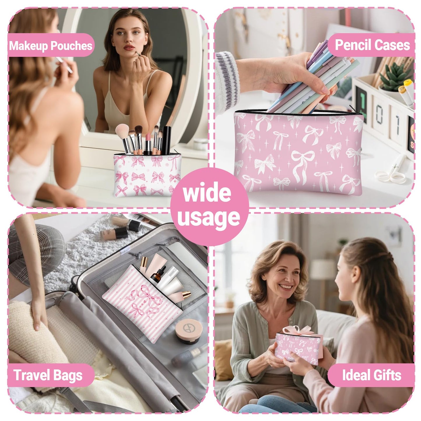 KOPOOEOE 30 Pcs Pink Bow Makeup Bags Coquette Cosmetic Zipper Pouches with Elegant Pink Bow Makeup Bag Bulk Canvas Cosmetic Travel Toiletry Pouch for Women Bridesmaids Wedding Favors
