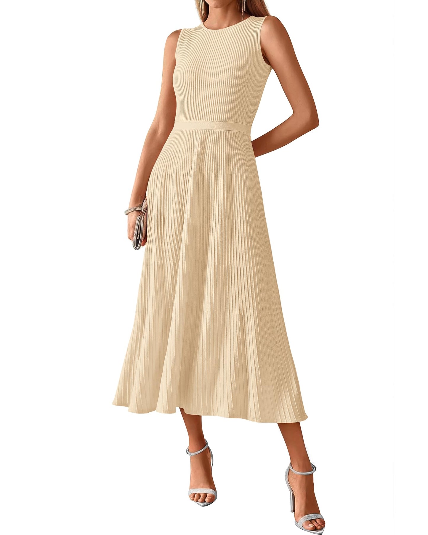 BTFBM Women Tank Midi Dress Summer Crewneck Sleeveless Pleated A Line Business Casual Formal Sweater Spring Dresses 2026