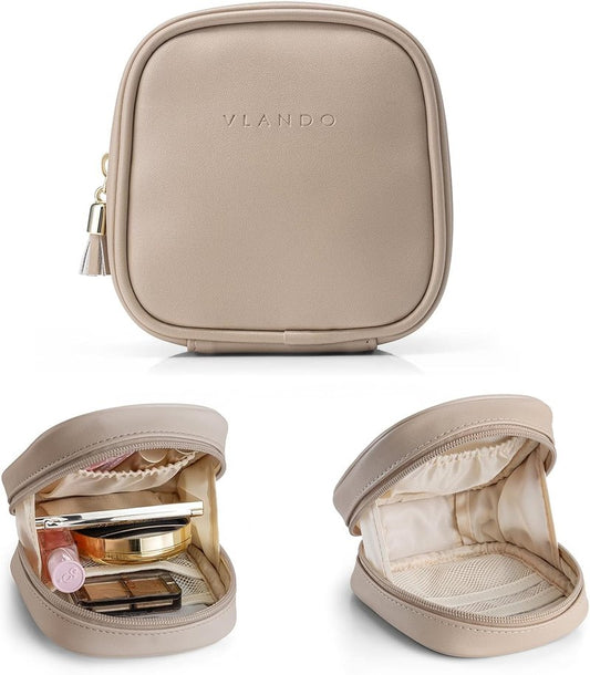 Mini Makeup Bag - Portable Travel Toiletry Organizer with Slip-in Pockets | Waterproof Design in Toffee