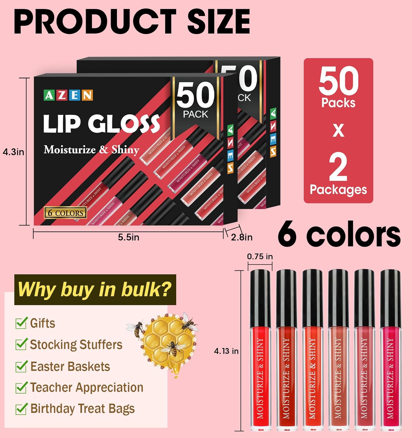 Azen Lip Gloss Bulk Set - 100 Pack Shimmery Lip Gloss for Women & Girls | Vibrant Colors for Gifts