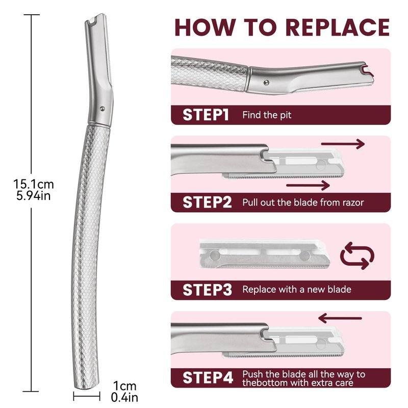 Eyebrow Razor and Face Razor for Women, Reusable Metal Handle with 12 Refill Blades and Protective Silicone Cap, Eyebrow Hair Trimmer - Silver