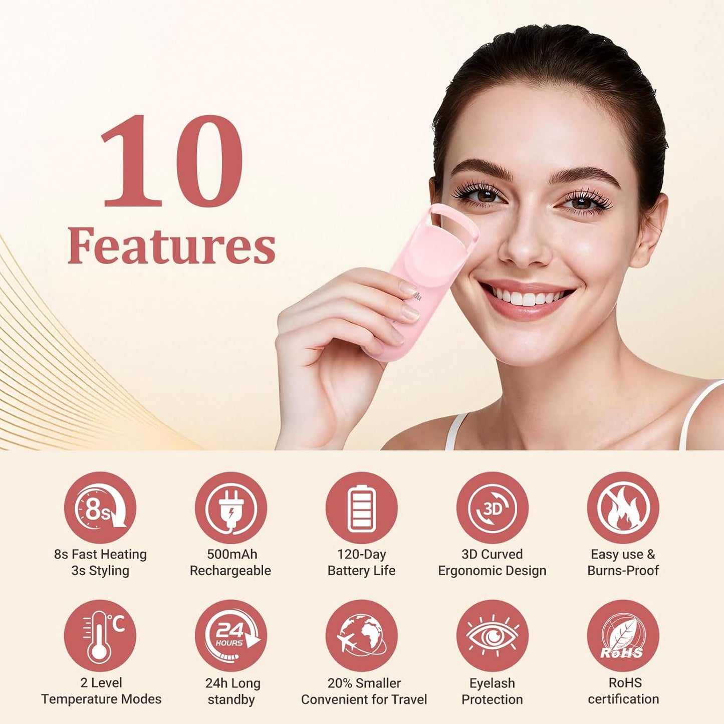 Heated Eyelash Curler - Mini Electric Curler with 5s Fast Heating & 24H Long-Lasting Curl | 2-Level Temp Control, Anti-Burn Silicone Pad