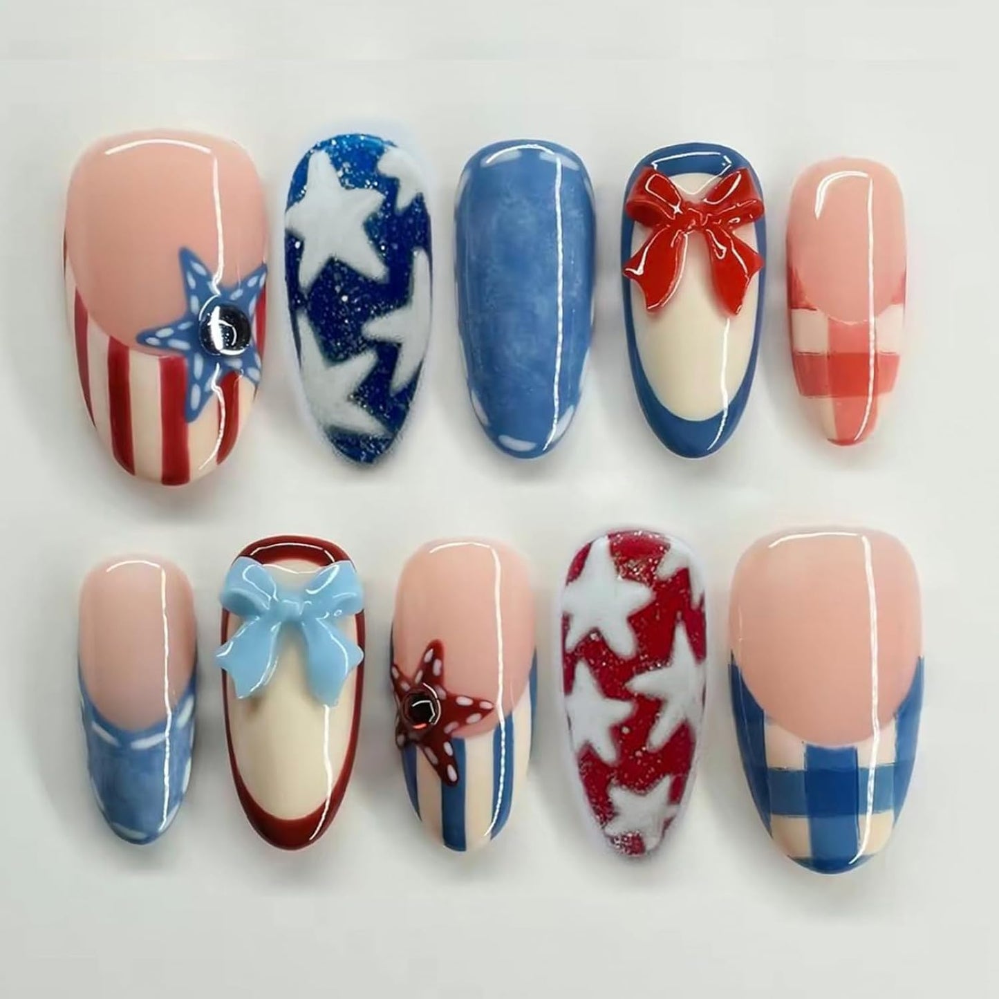 3D Pink Flower Press-On Nails - Nude Pink Gradient French Tip | Medium Almond, Reusable 30 Pcs for Weddings