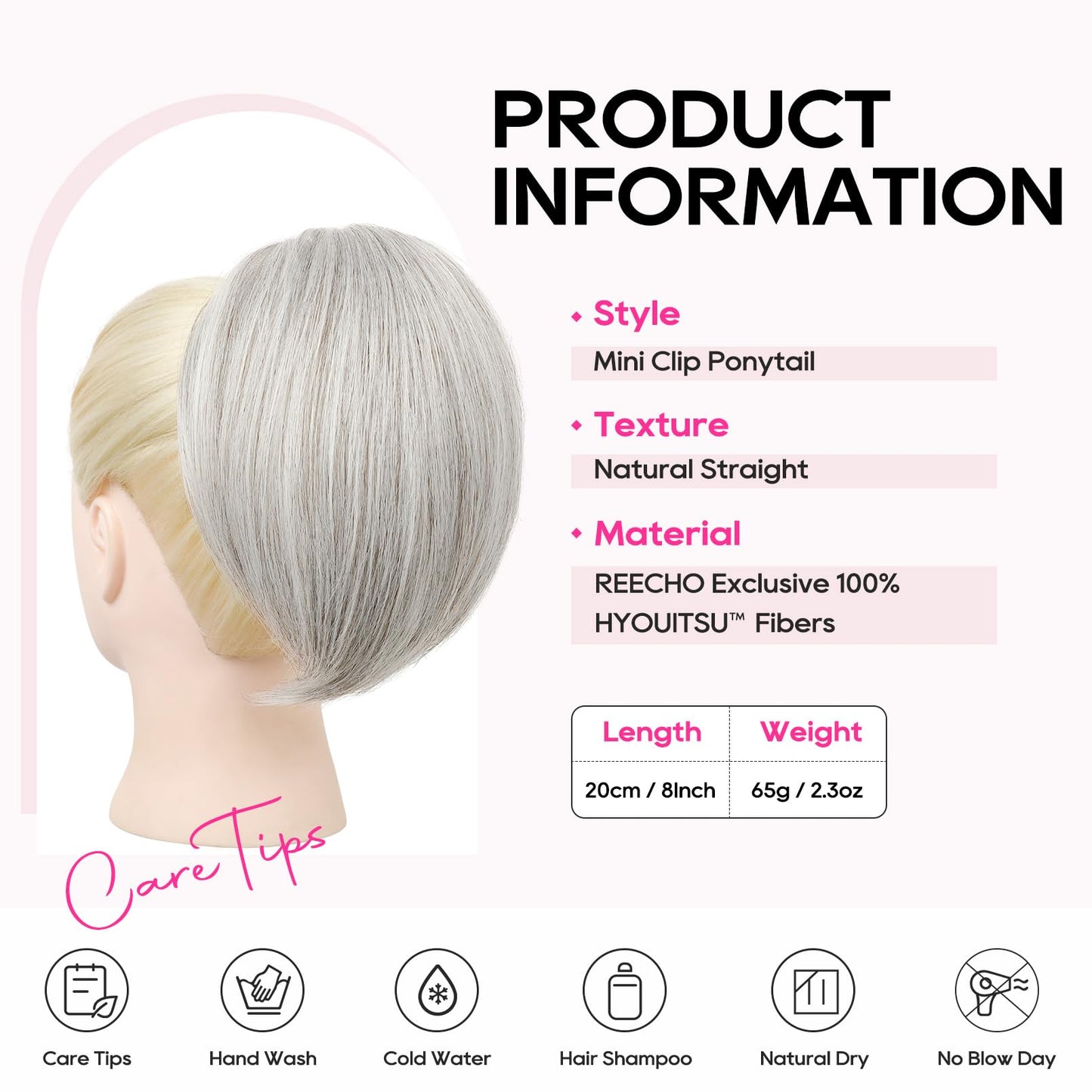 REECHO Ponytail Extension, 8" Short Mini Claw Clip Pony Tail Hair Extensions Natural Soft Feather-Light Tension-Free Ponytail Hairpiece for Women with Short Fine Thin Hair - Silver Grey