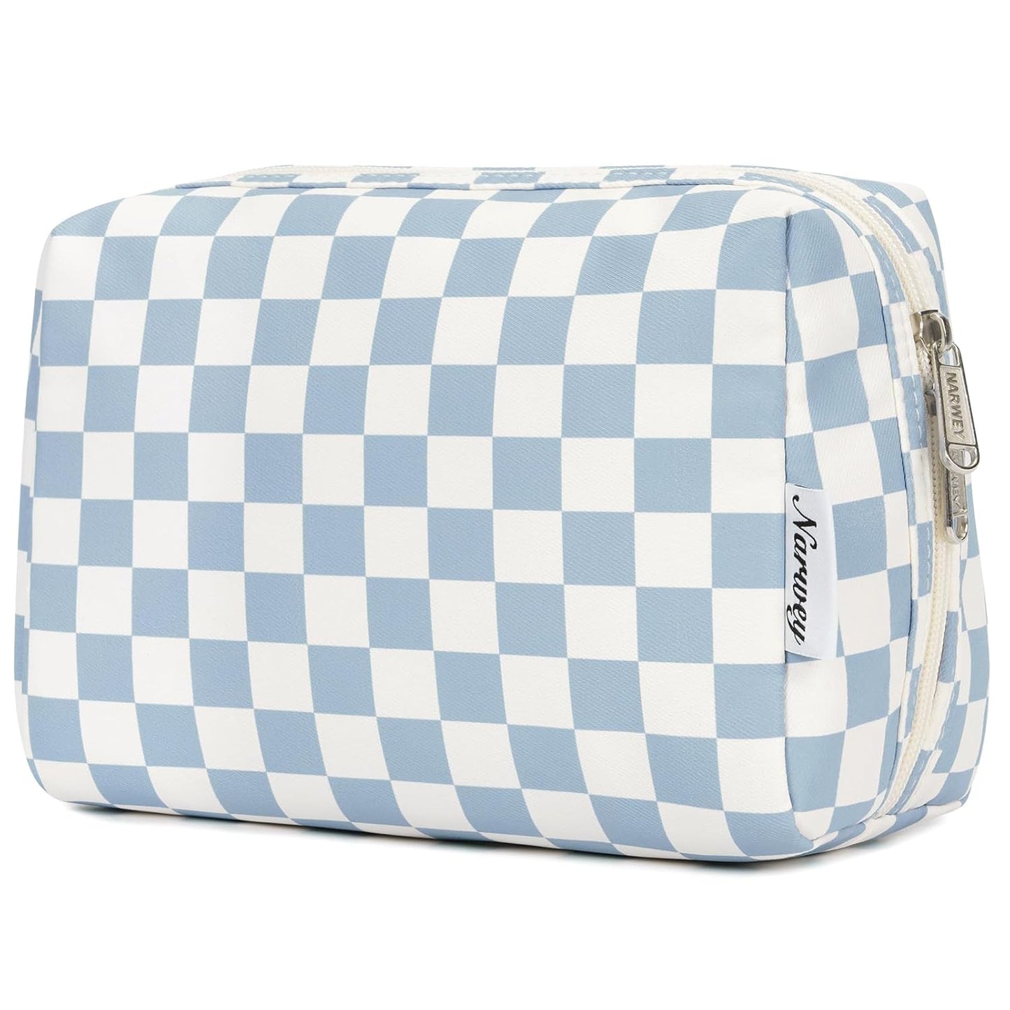 Checkered Makeup Bag - Travel Cosmetic Organizer with Compartments | Large Sky Blue Checkerboard