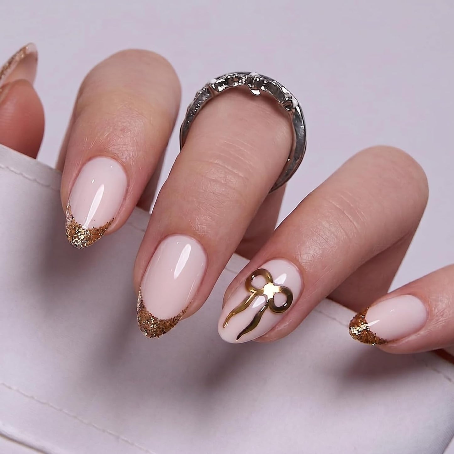 CurvLife Soft Gel Almond Press-On Nails - 30 Pcs Reusable Fake Nail Tips for Salon-Quality At-Home Manicure | Golden Poise