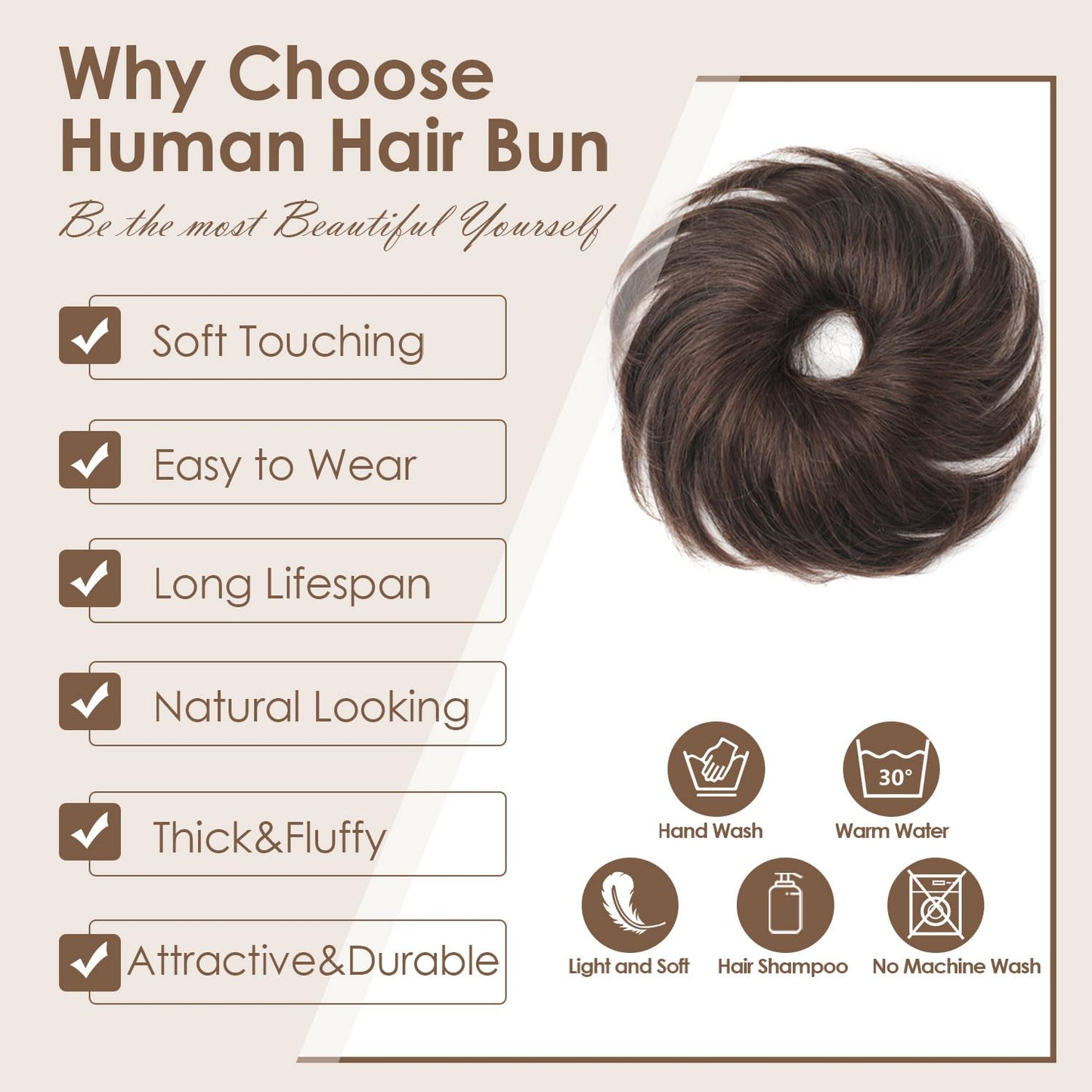 KISANOF Human Hair Bun Darkest Brown Natural Curly Tousled Stretchy Fluffy Donut Updo Elastic Rubber Band Human Hair Extension(1 Count #2 Darkest Brown)