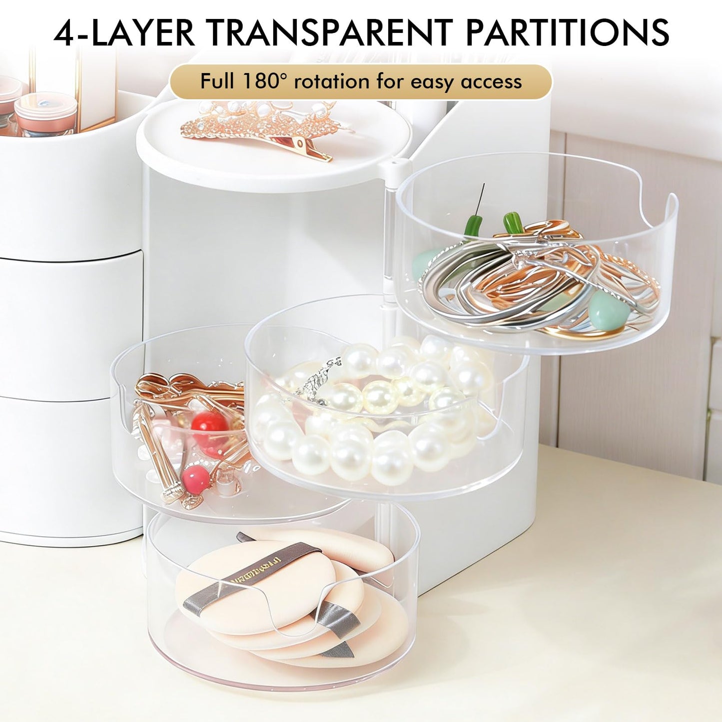 Makeup Organizer Countertop with Drawers, Make up Organizers for Vanity, Skincare Jewelry Earring Organizers, Cosmetic Display Cases Makeup Storage for Bedroom & Bathroom, Ideal Gifts for Women(White)