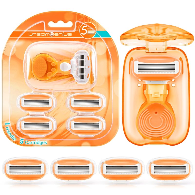 DreamGenius Travel Razors for Women Include 1 Handle and 5 Cartridges, Extra Smooth 5-Blade Travel Essentials Razor with Case for Shaving, Green