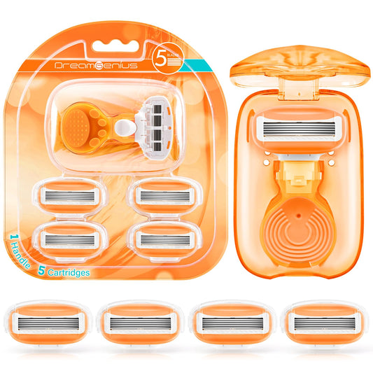 DreamGenius Travel Razors for Women Include 1 Handle and 5 Cartridges, Extra Smooth 5-Blade Travel Essentials Razor with Case for Shaving, Purple